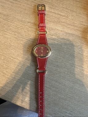 Red Leather Strap Watch with Gold-Tone Oval Case